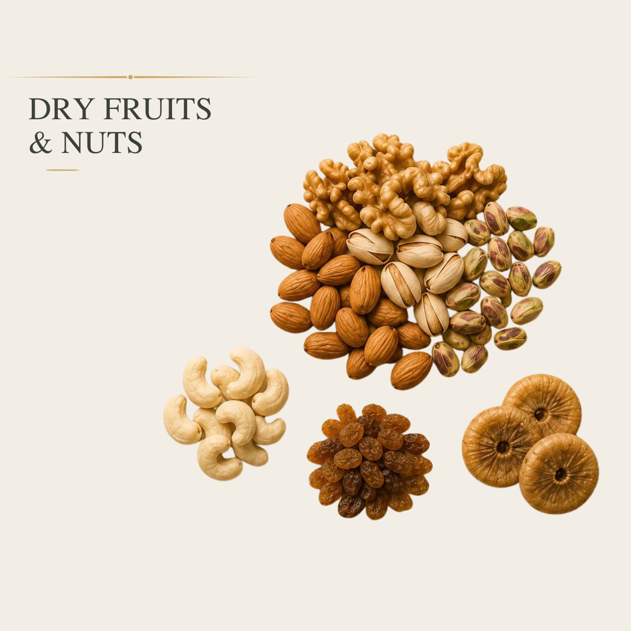 Premium dry fruits and nuts including walnuts, almonds, pistachios, cashews, raisins and dried figs arranged in a curated collection display.