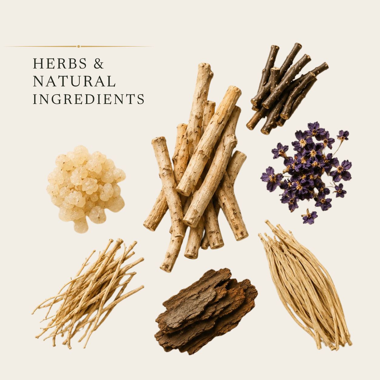 Premium herbs and natural ingredients including Ashwagandha Root, Gond Katira, Giloy Dried Stems, Gul Banafsha, Shatavari Root and Acacia Bark arranged in an editorial collection display.