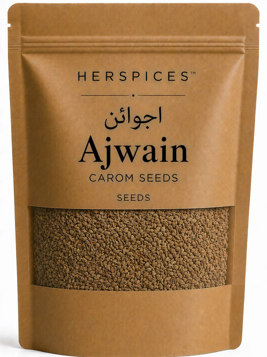 HERSPICES Ajwain Carom Seeds premium whole seeds in kraft pouch