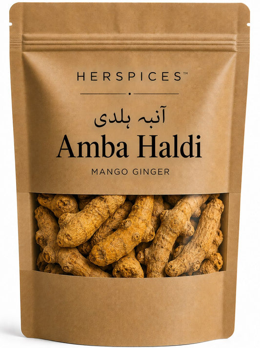 HERSPICES Amba Haldi Mango Ginger dried rhizome pieces in kraft pouch