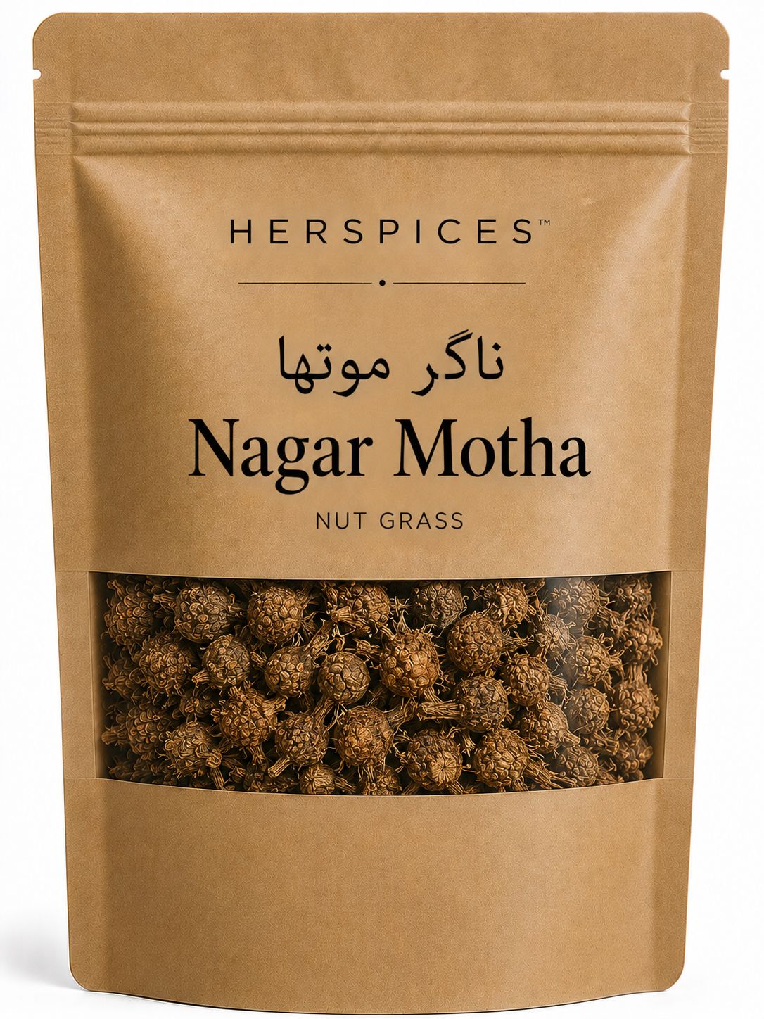 HERSPICES Nagar Motha dried Nut Grass rhizome pieces in kraft pouch