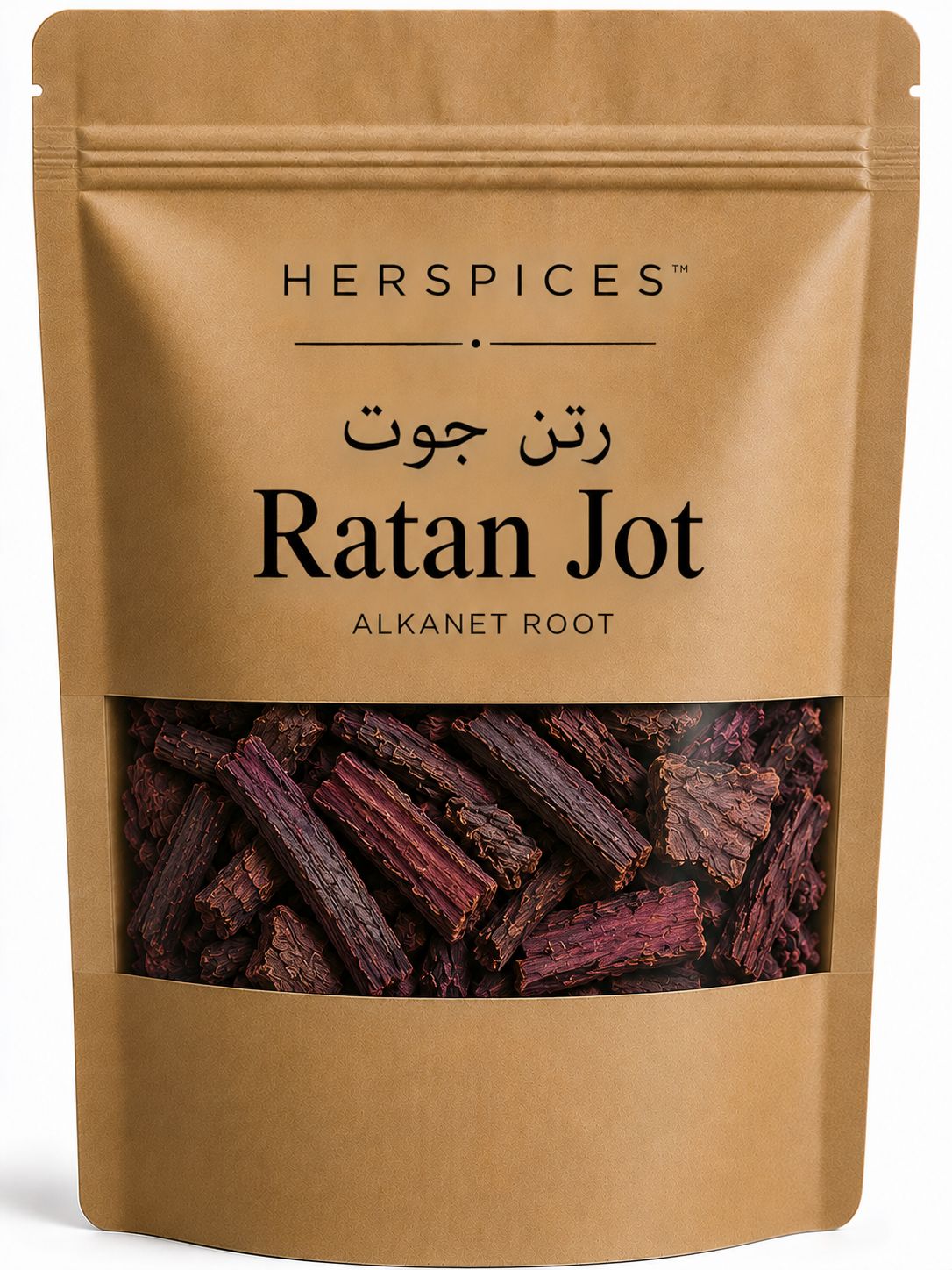 HERSPICES Ratan Jot Alkanet Root dried red root pieces in kraft pouch