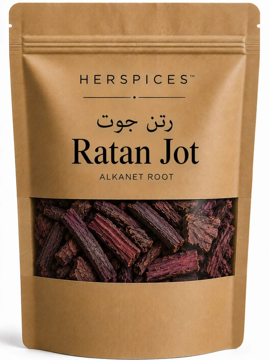 HERSPICES Ratan Jot Alkanet Root dried red root pieces in kraft pouch