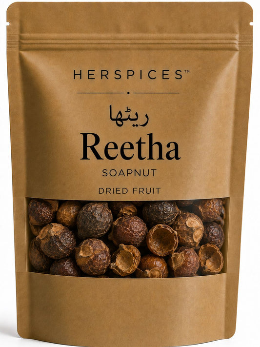 HERSPICES Reetha Soapnut dried soap berry shells in kraft pouch